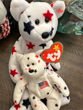 Ty Beanie Baby Glory & Teenie Glory Plush Bears- Red, White & Blue Star Print